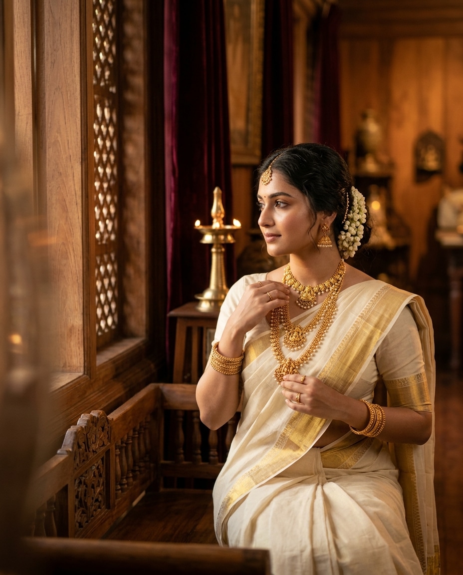 Kerala Bride in traditional temple gold jewelry